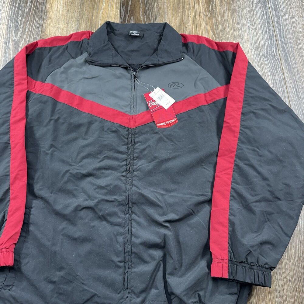 Vintage Rawlings Dugout Jacket Mens XL Black Gray Red Windbreaker ZipUp Baseball